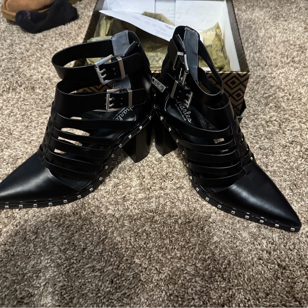 Charles David Black Strappy Heeled Boots - Picture 2 of 4